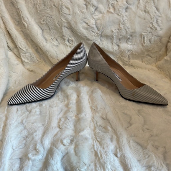 Manolo Blahnik size 38 Dark Grey and White Striped Fabric Heels. Re-soled. - Picture 3 of 7